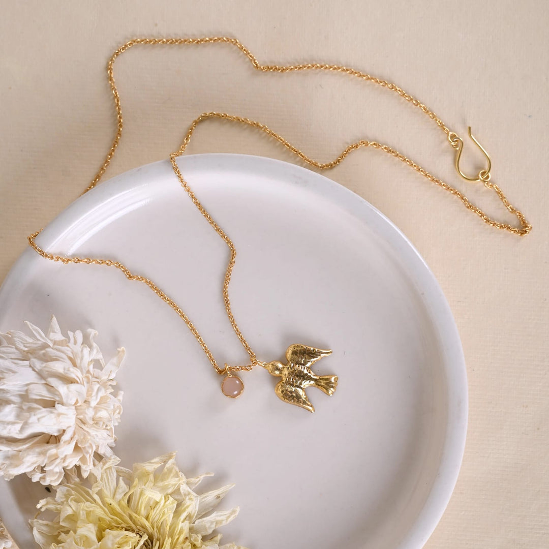 Panchi pendant in 92.5 Sterling Silver handcrafted in 1 micron Gold plating with Rose-Quartz.