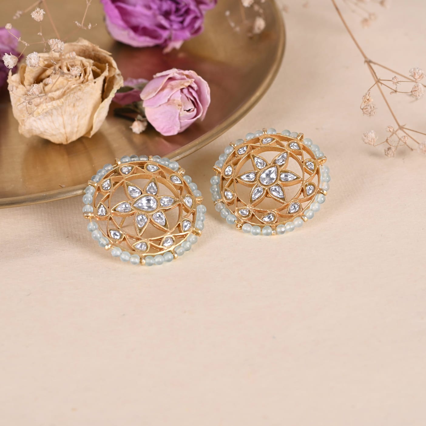 Karna phool earrings in Sterling Silver tops with Billor Polki and Pearls in Jadau Post and push closure.