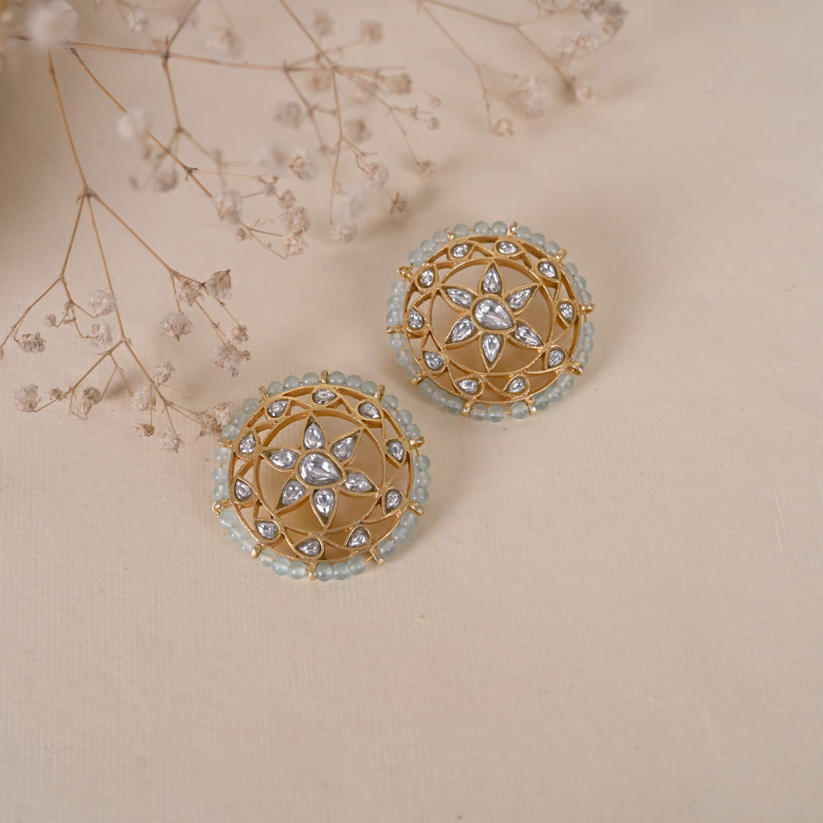 Karna phool earrings in Sterling Silver tops with Billor Polki and Pearls in Jadau Post and push closure.