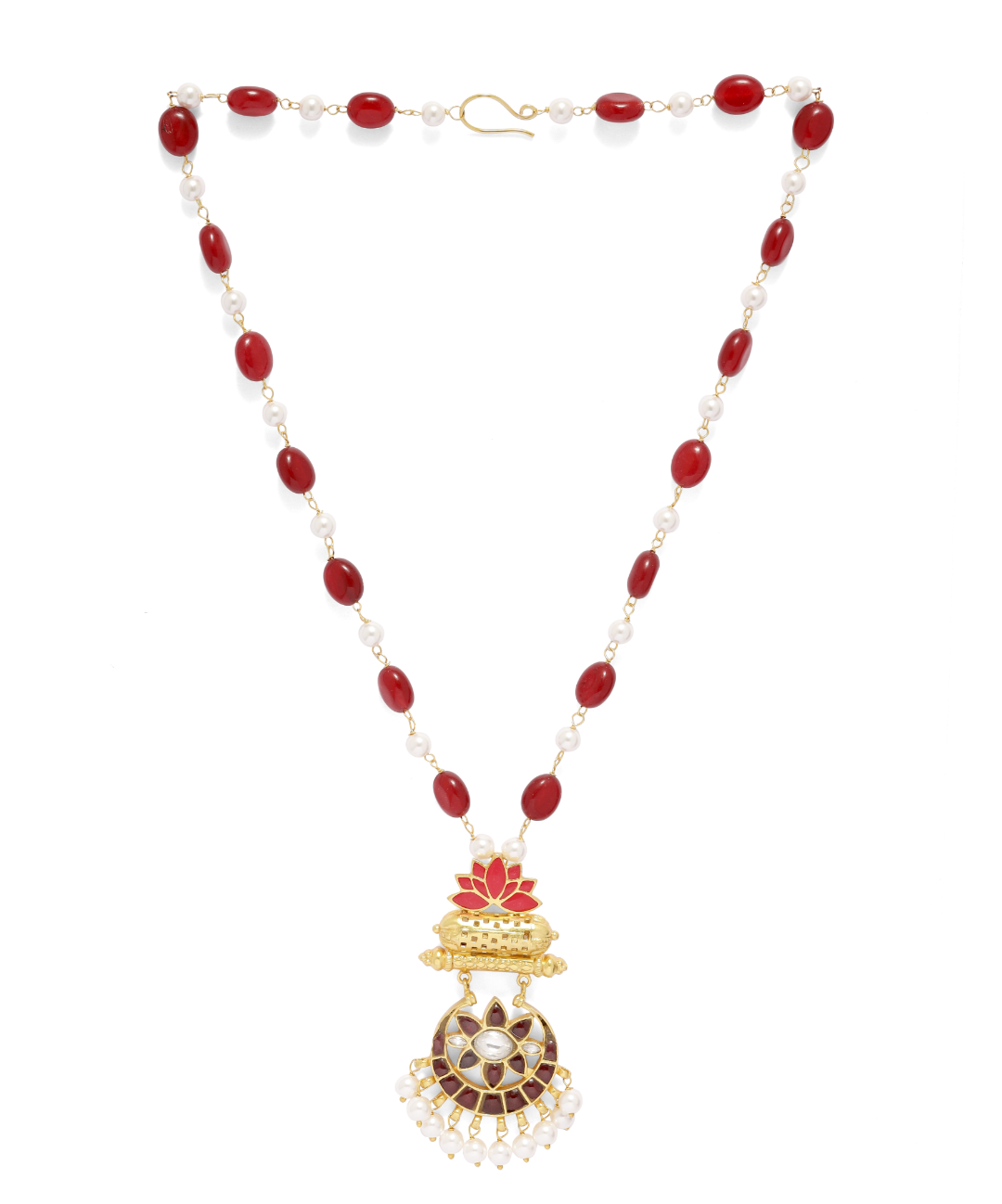 Kamal tabeez chand necklace in Sterling silver with 18 karat gold plating. Pink enamel, Jadau stones, Stringing with red Quartz and Pearls.