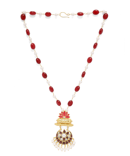 Kamal tabeez chand necklace in Sterling silver with 18 karat gold plating. Pink enamel, Jadau stones, Stringing with red Quartz and Pearls.