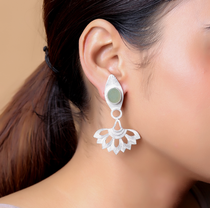 Sterling Silver Gold plated grapes aventurine fan shaped earrings.