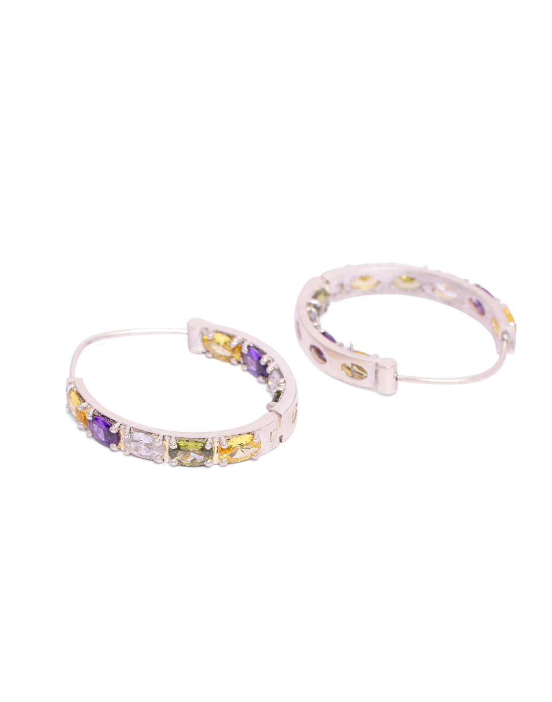 Tootie Frootie hoops in 92.5 Sterling Silver hoops with multi Crystal stones.