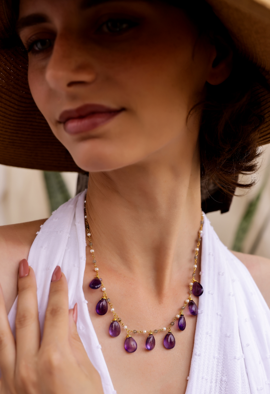 Raindrops necklace in 92.5 Sterling Silver with Amethyst strung with Labradorite and Pearls in 1 micron Gold plating, adjustable.