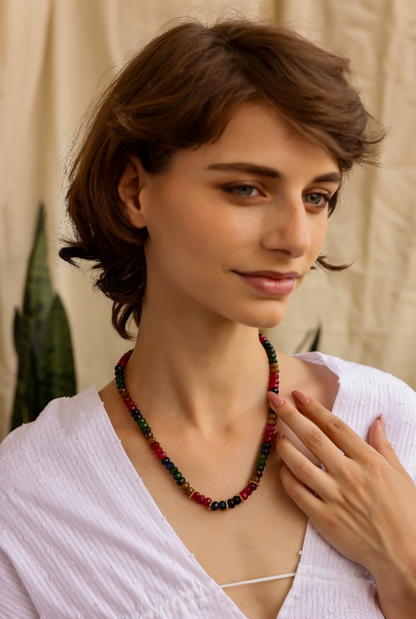 Beaded necklace in multi-coloured semi precious stones, with Multi-Tourmaline colours.