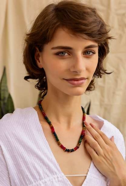 Beaded necklace in multi-coloured semi precious stones, with Multi-Tourmaline colours.