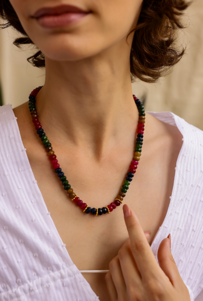 Beaded necklace in multi-coloured semi precious stones, with Multi-Tourmaline colours.