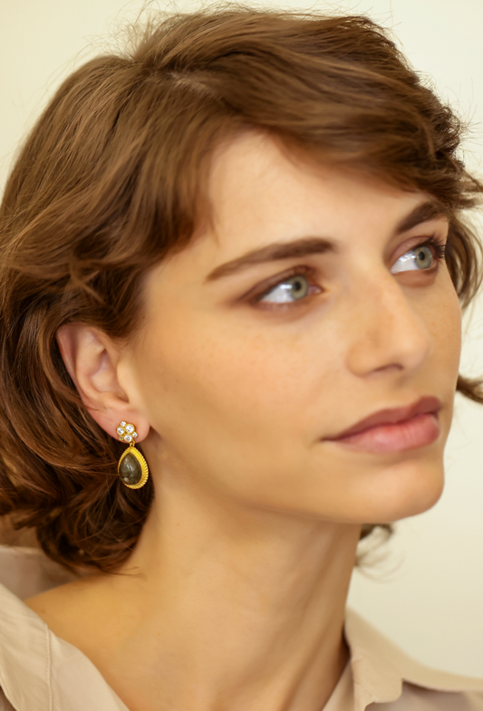 Sabina earrings in 92.5 Sterling silver handcrafted in 1 micron Gold plating with Labradorite and Zirconia.