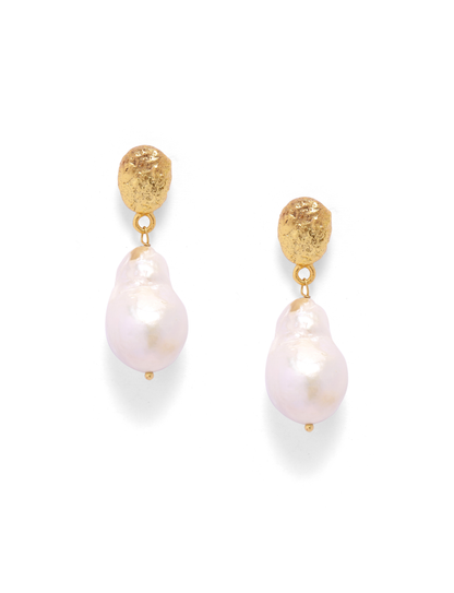 Roma Earrings in 92.5 Sterling Silver handcrafted in 1 micron Gold plating with Baroque Pearls in Textured studs.