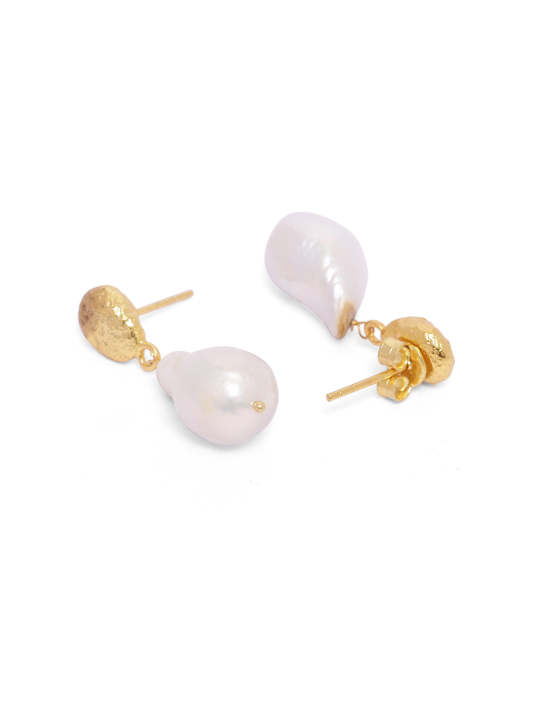 Roma Earrings in 92.5 Sterling Silver handcrafted in 1 micron Gold plating with Baroque Pearls in Textured studs.