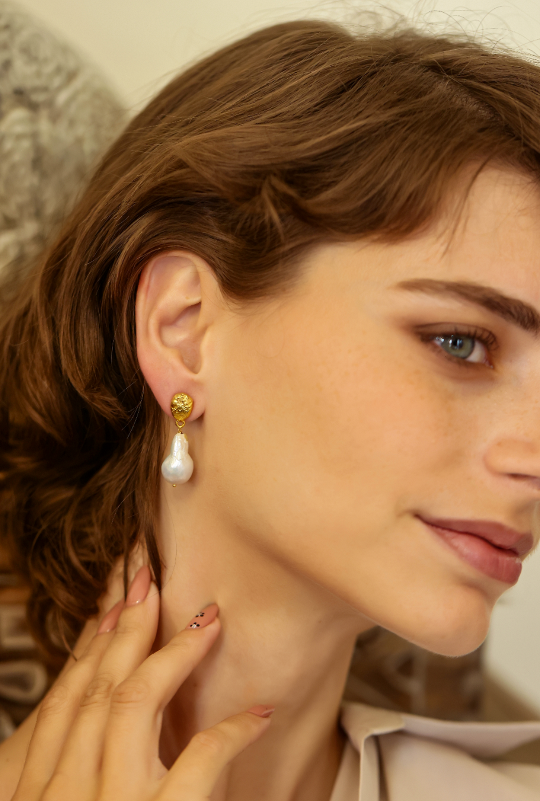 Roma Earrings in 92.5 Sterling Silver handcrafted in 1 micron Gold plating with Baroque Pearls in Textured studs.