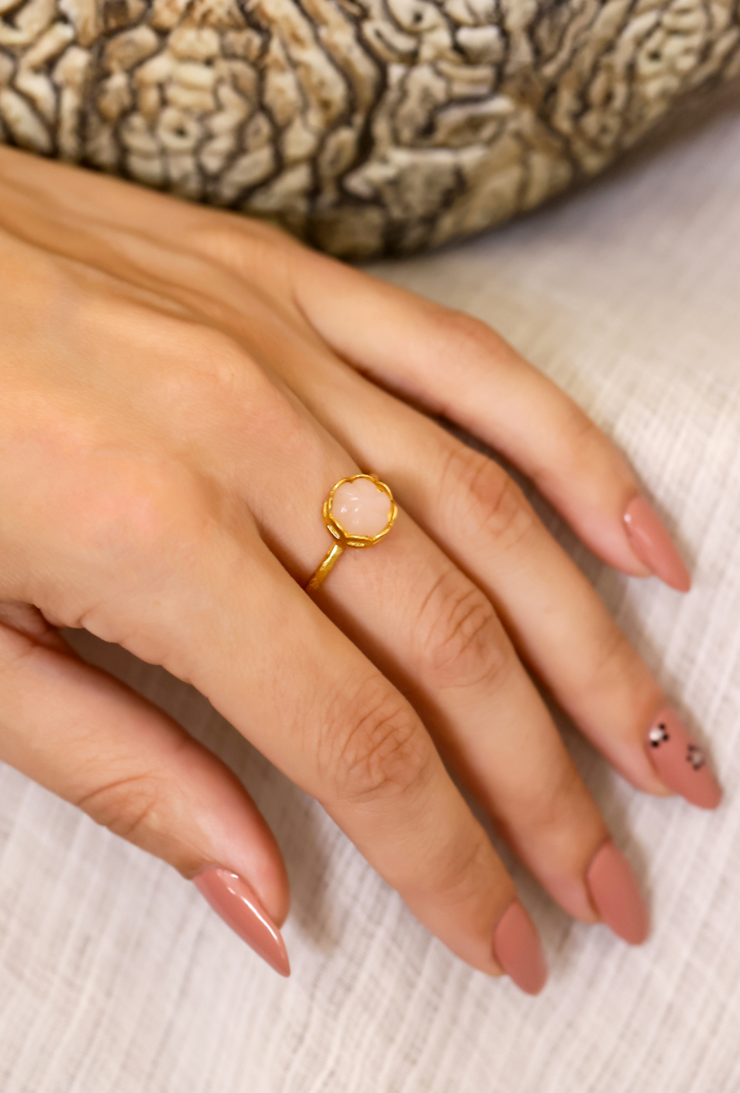 92.5 Sterling Silver handcrafted Anupriya Ring, dipped in 1 micron Gold plating with Melon carved stone.