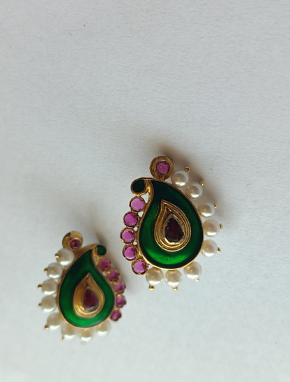 Paisley earrings Sterling silver with green enamel and pearls Red quartz