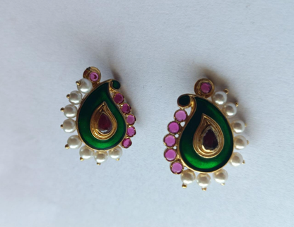 Paisley earrings Sterling silver with green enamel and pearls Red quartz