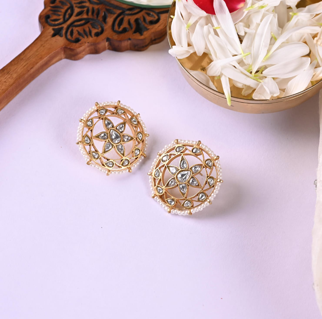 Karna phool earrings in Sterling Silver tops with Billor Polki and Pearls in Jadau Post and push closure.