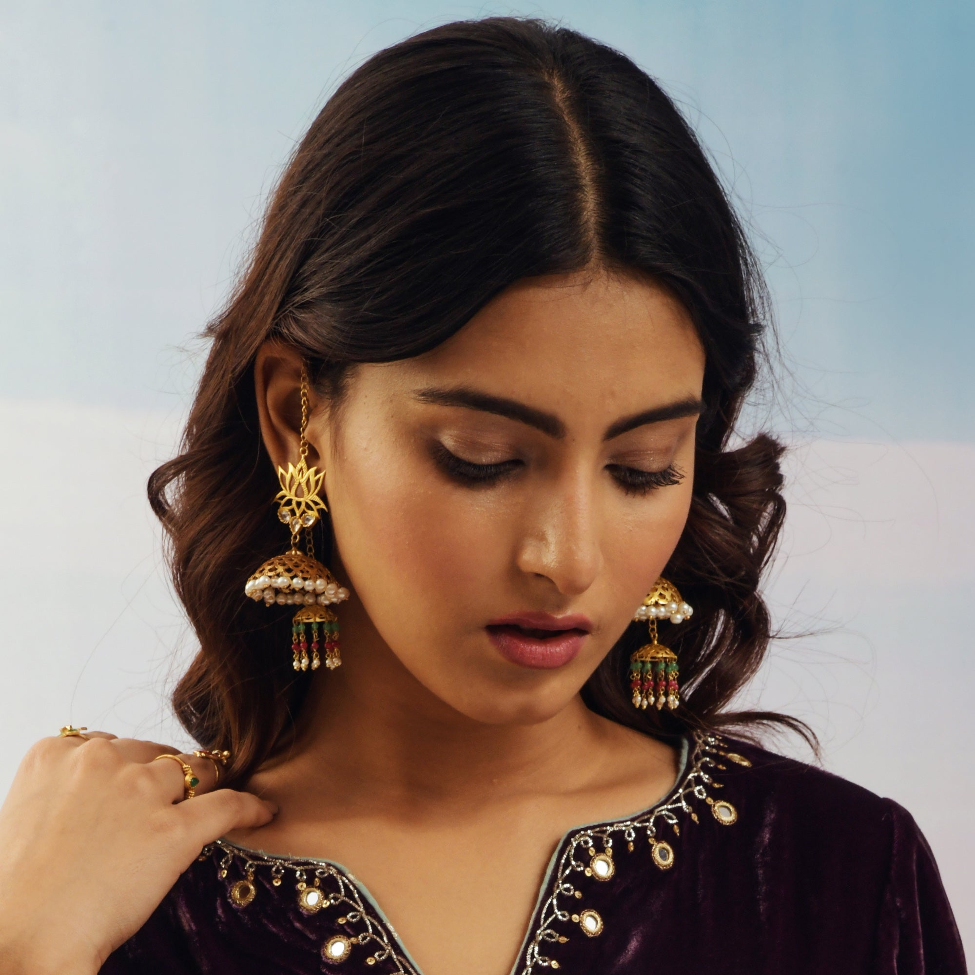 Gold Lotus Double Jhumka Earrings