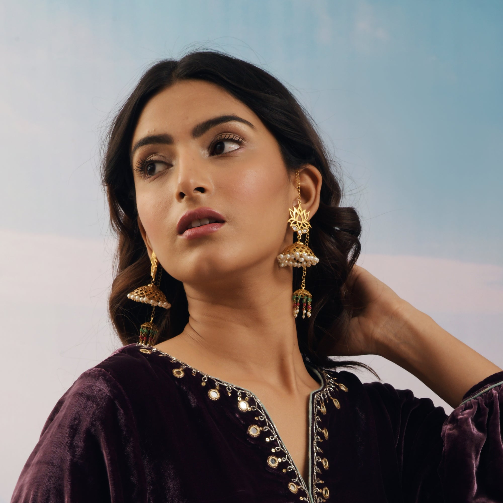Gold Lotus Double Jhumka Earrings