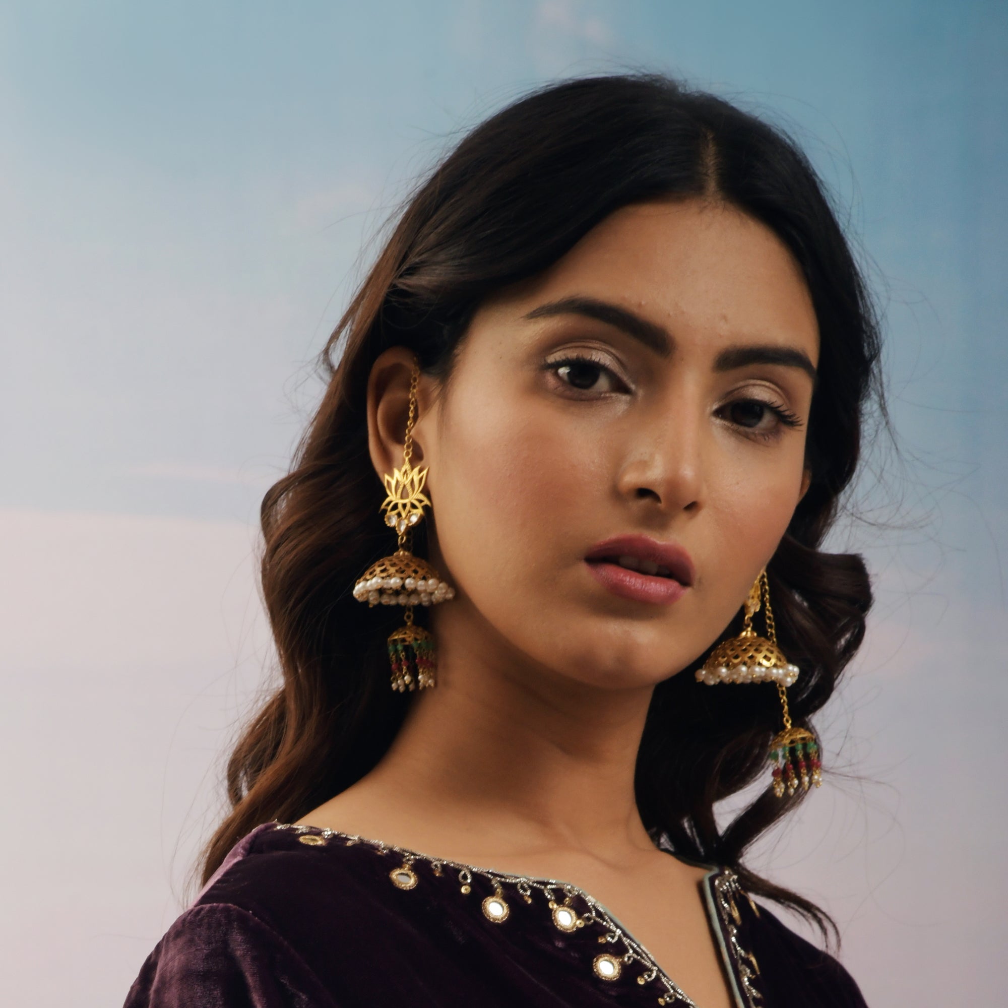 Gold Lotus Double Jhumka Earrings