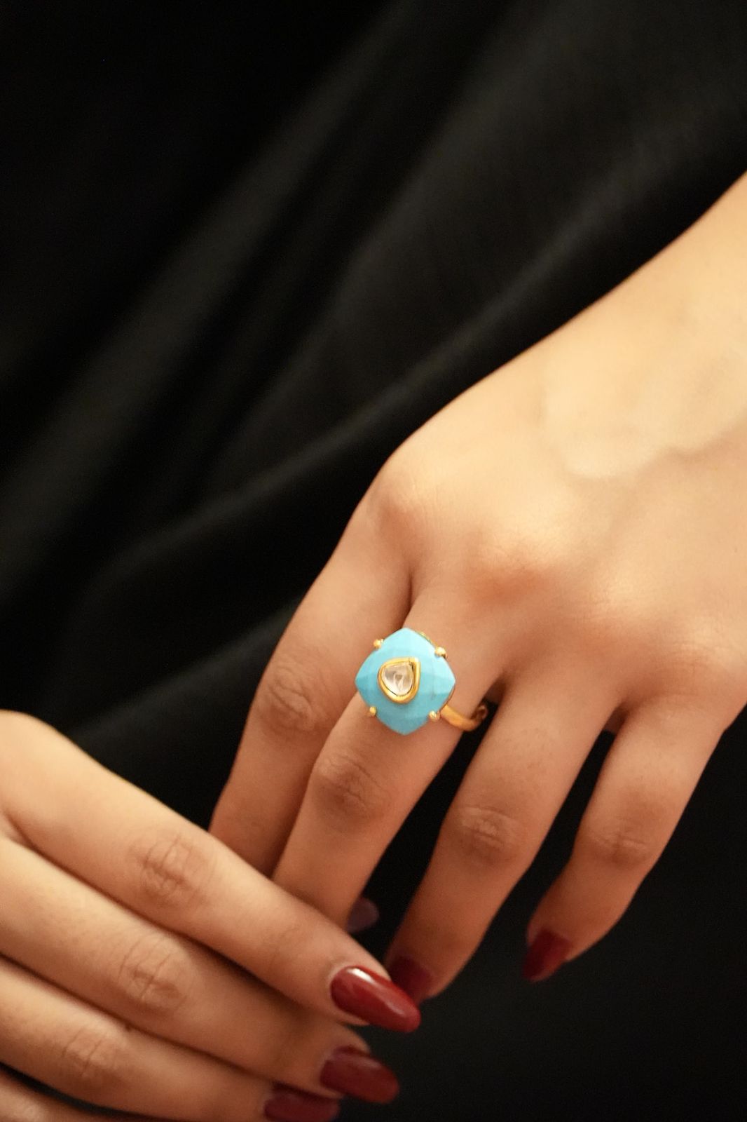 Turquoise ring in 92.5 Sterling Silver recon Turquoise ring with Billor Polki, adjustable in 1 micron Gold plating.