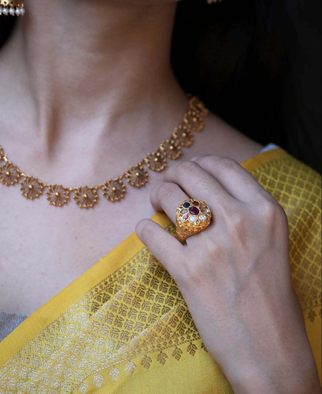 Sterling Silver ring in Navrattan stones with 18 Karat Gold plating.