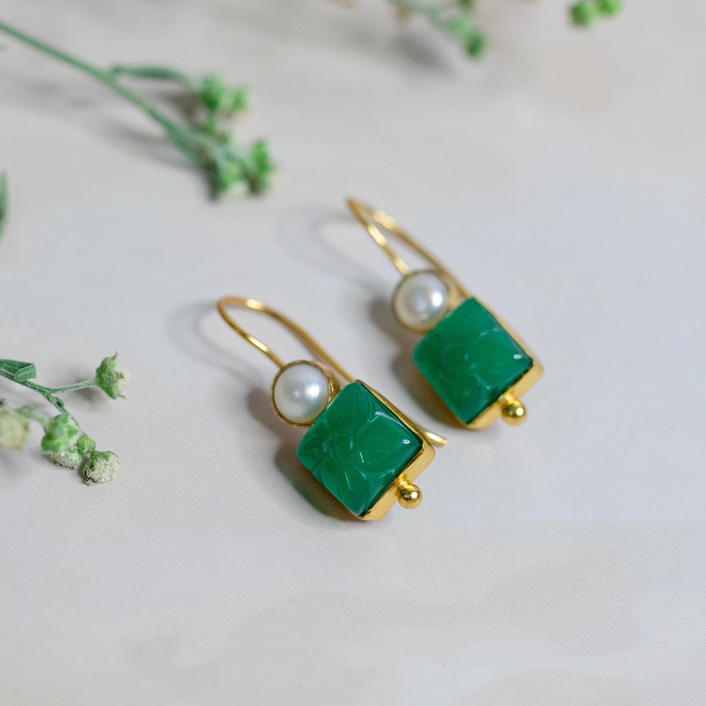 Green Onyx With Pearl Earrings