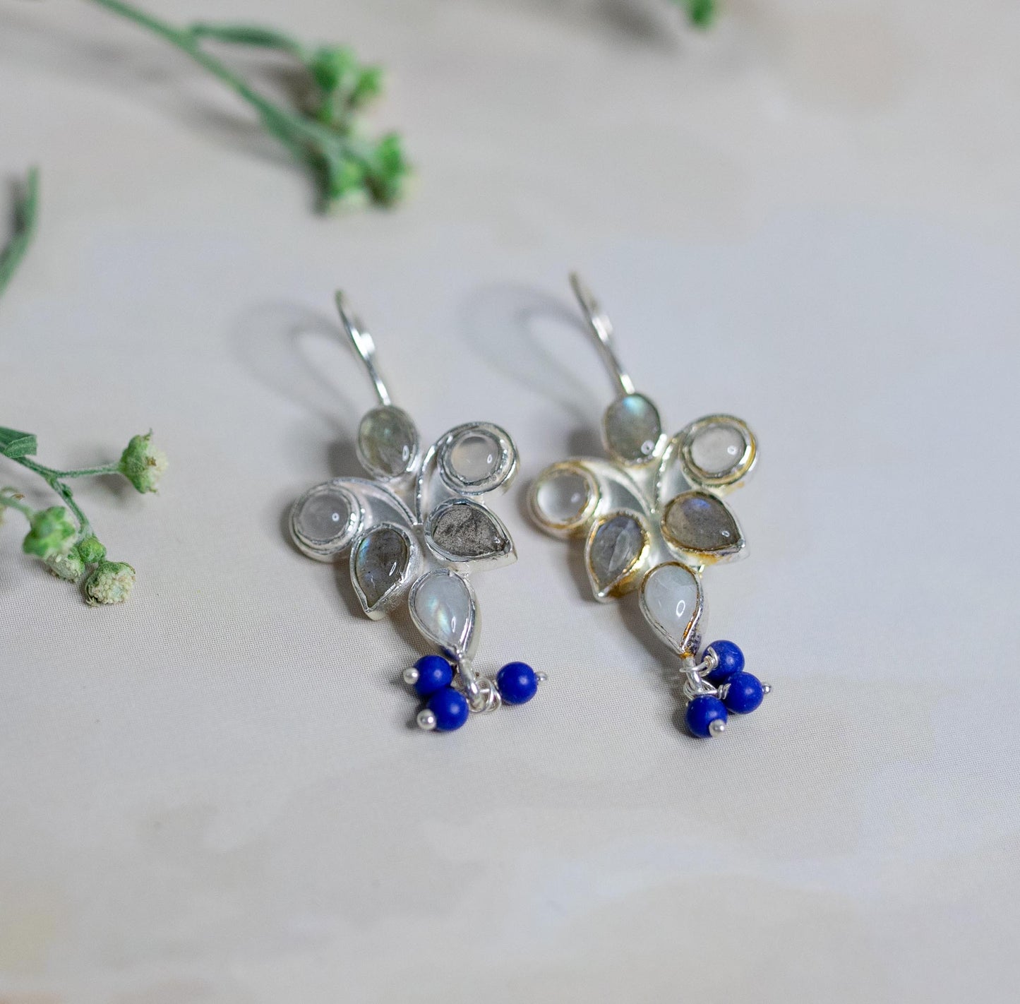 Moonstone With Lapis Floral Earrings