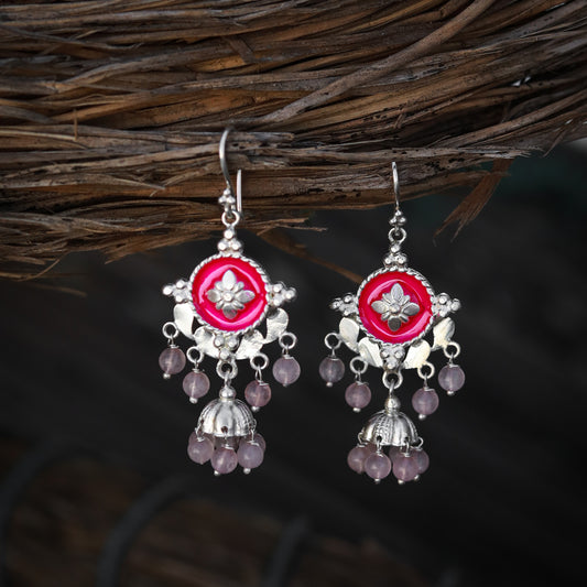 Silver fushia enamel rose quartz Earring