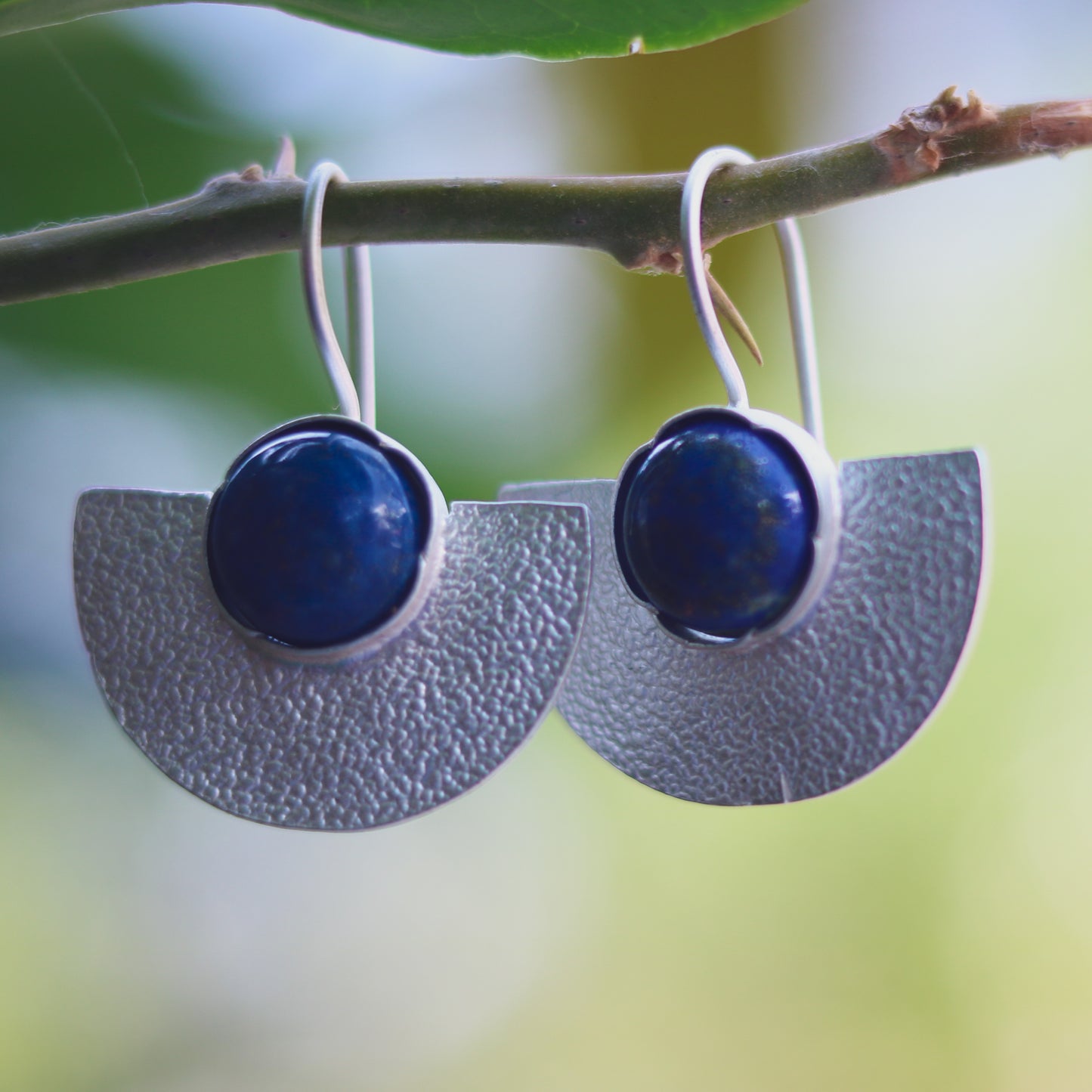 Textured Sterling Silver Boat Lapis Earrings