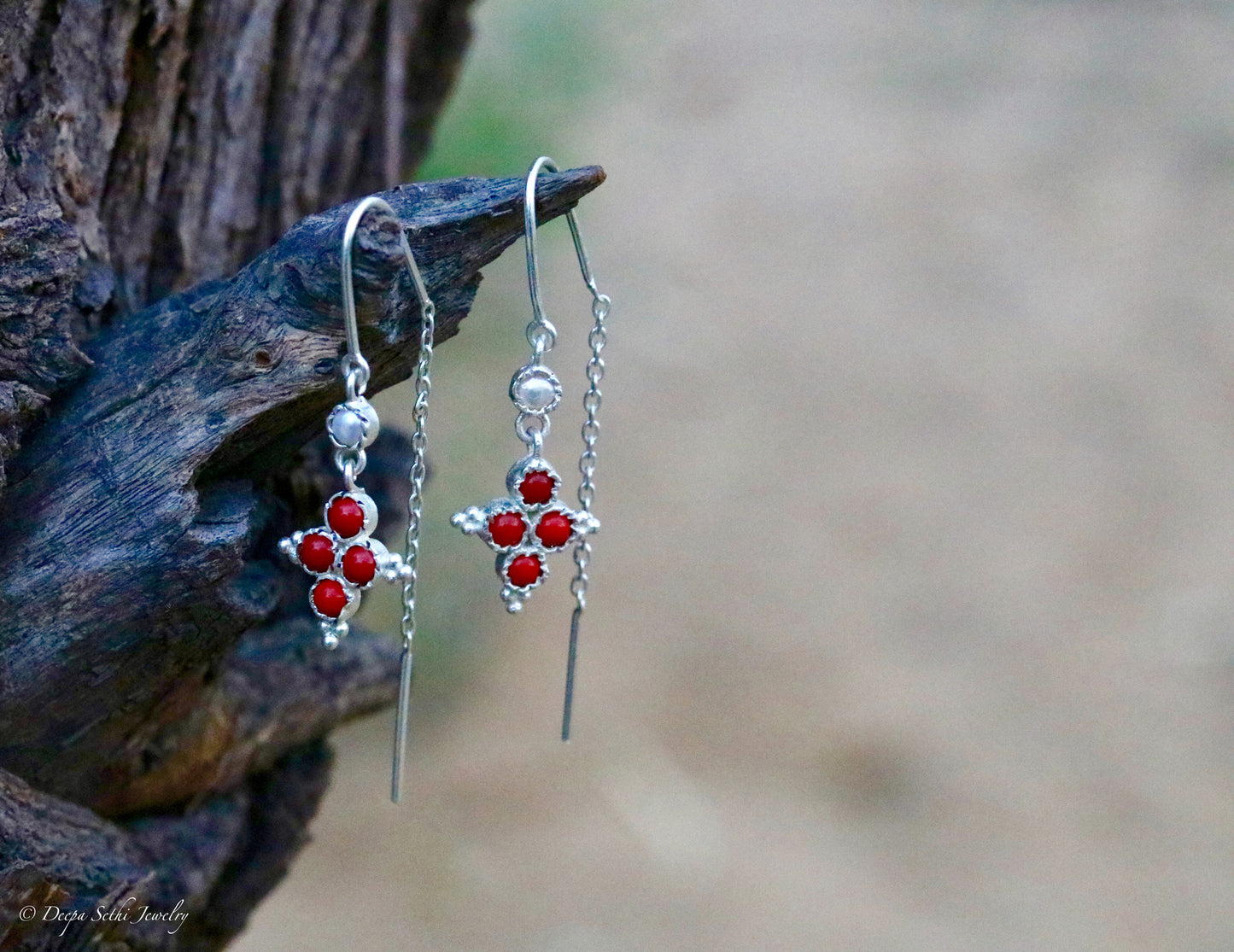 Coral Pearl Threader Earrings