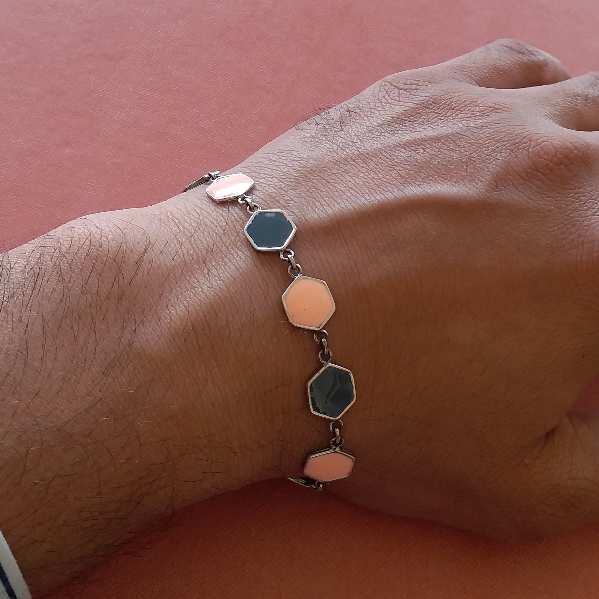 Hexagon Enamel Chain Silver Bracelet
