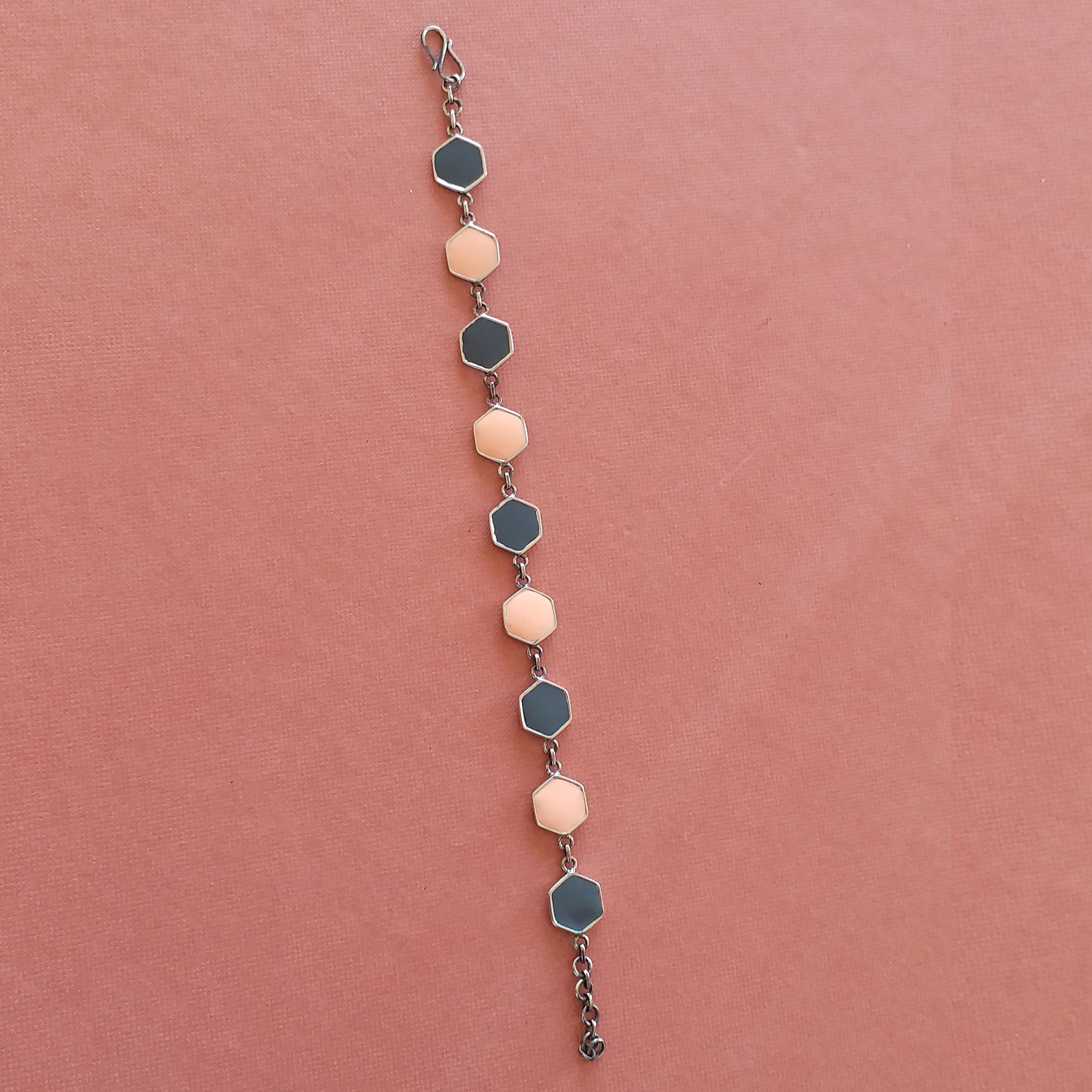 Hexagon Enamel Chain Silver Bracelet