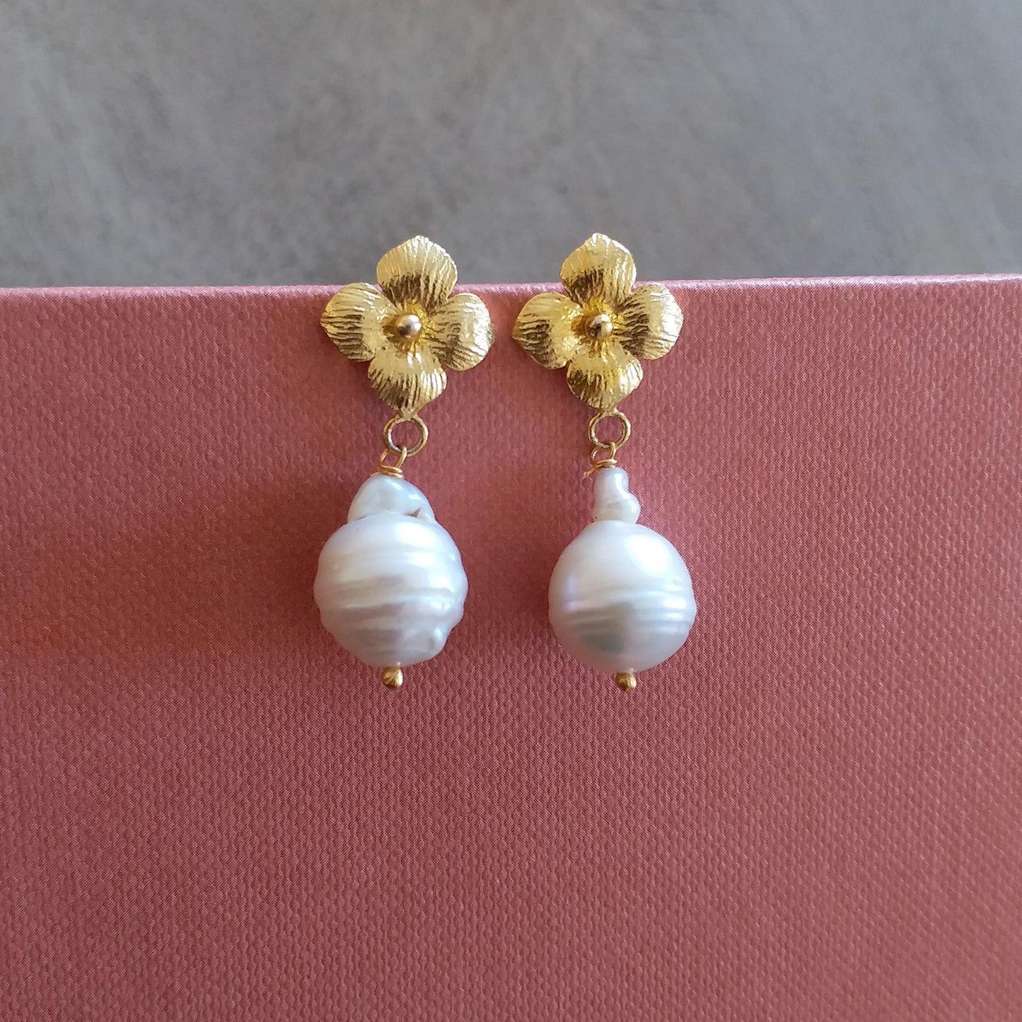 Gold Floral Pearl Drop Earrings