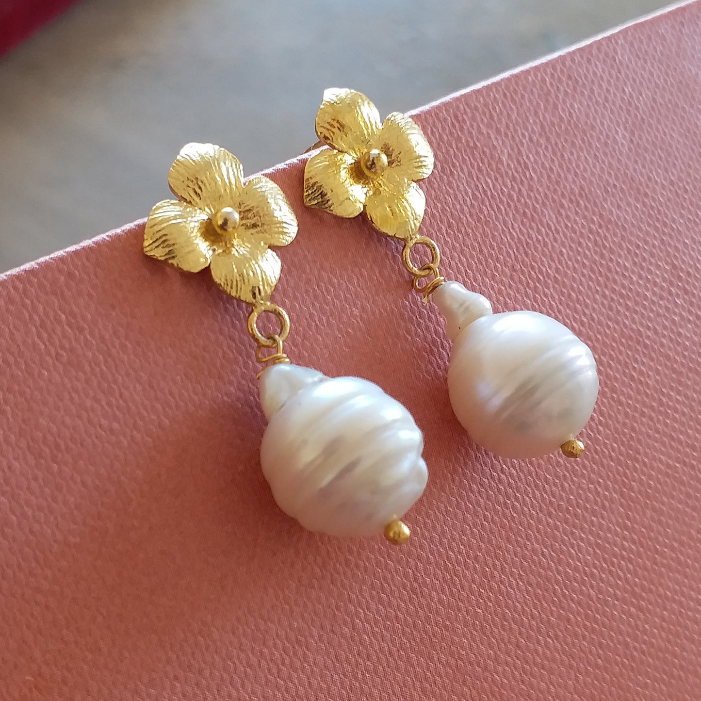 Gold Floral Pearl Drop Earrings