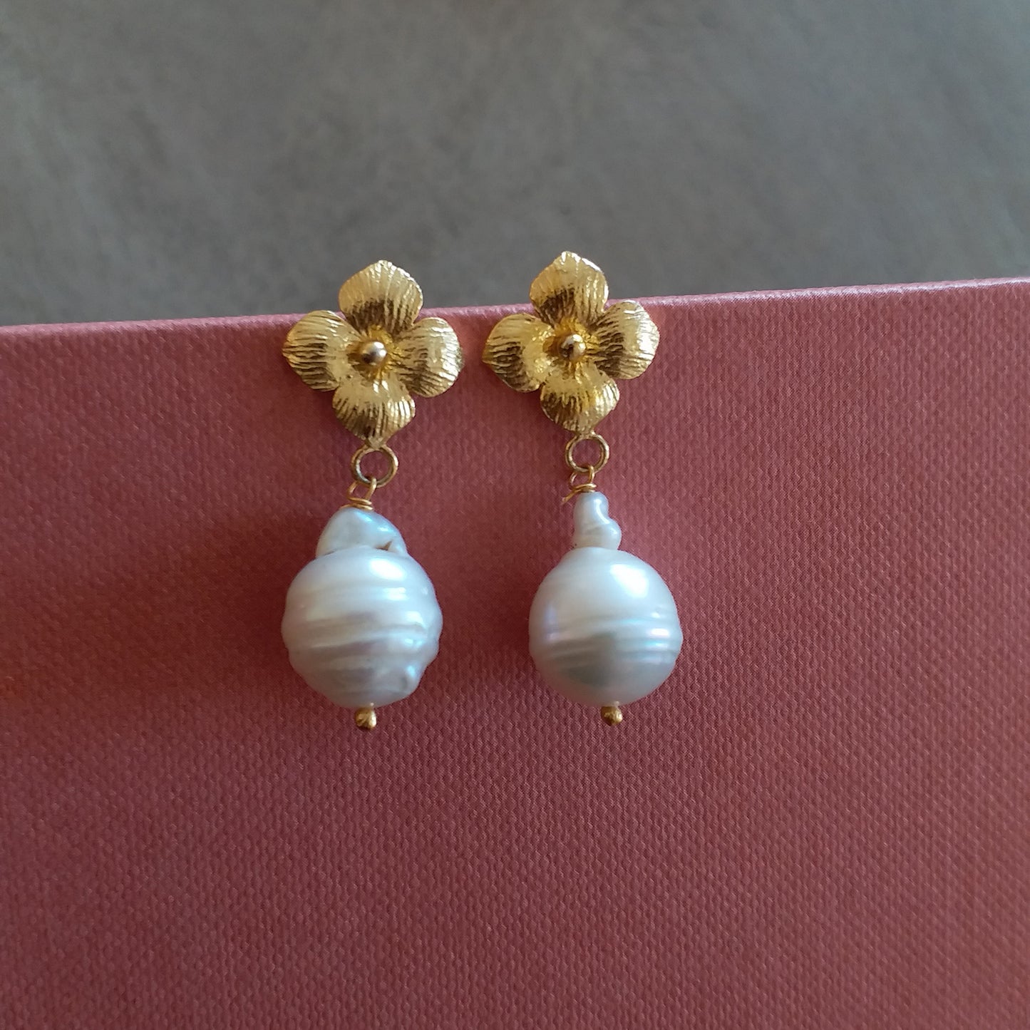 Gold Floral Pearl Drop Earrings