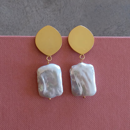 Pearl Rectangle Gold Earrings