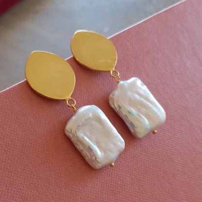 Pearl Rectangle Gold Earrings