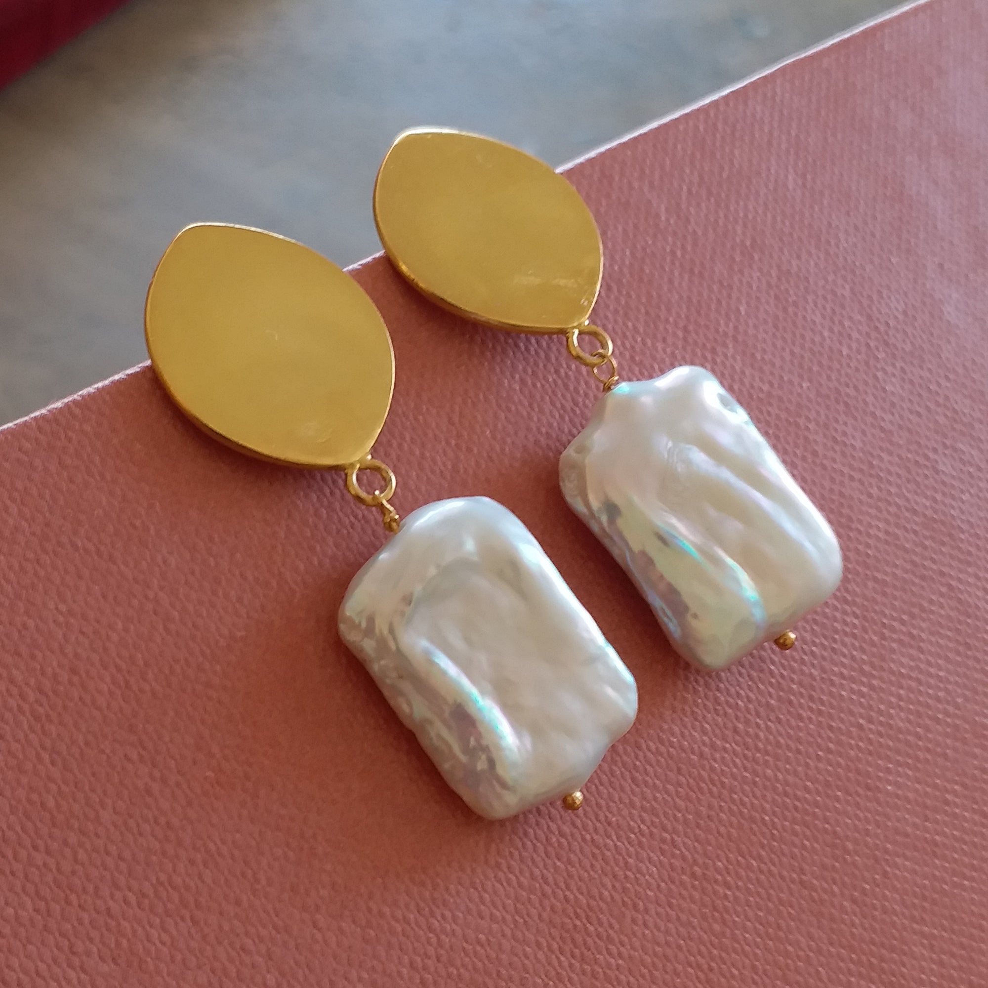 Pearl Rectangle Gold Earrings