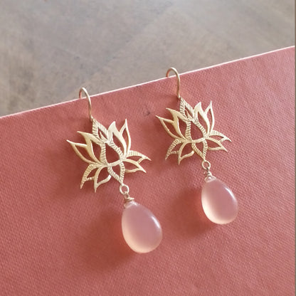 Lotus Flower Gemstone Drop Hook Earrings