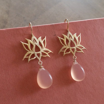 Lotus Flower Gemstone Drop Hook Earrings