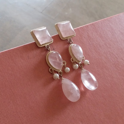 Rose Quartz Three Drop Earrings