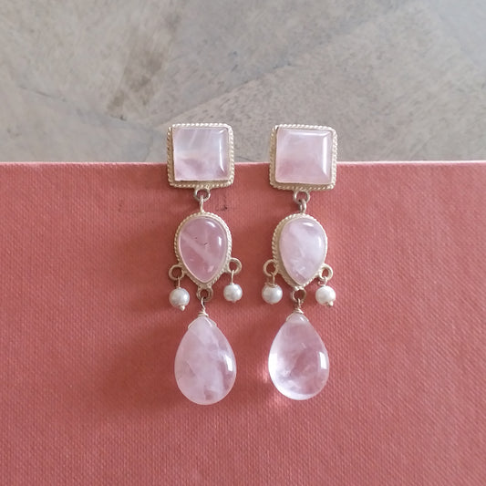 Rose Quartz Three Drop Earrings