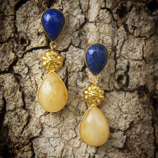 Yellow Aventurine Lapis Gemstone Yellow Vermeil Silver Dangle Earrings