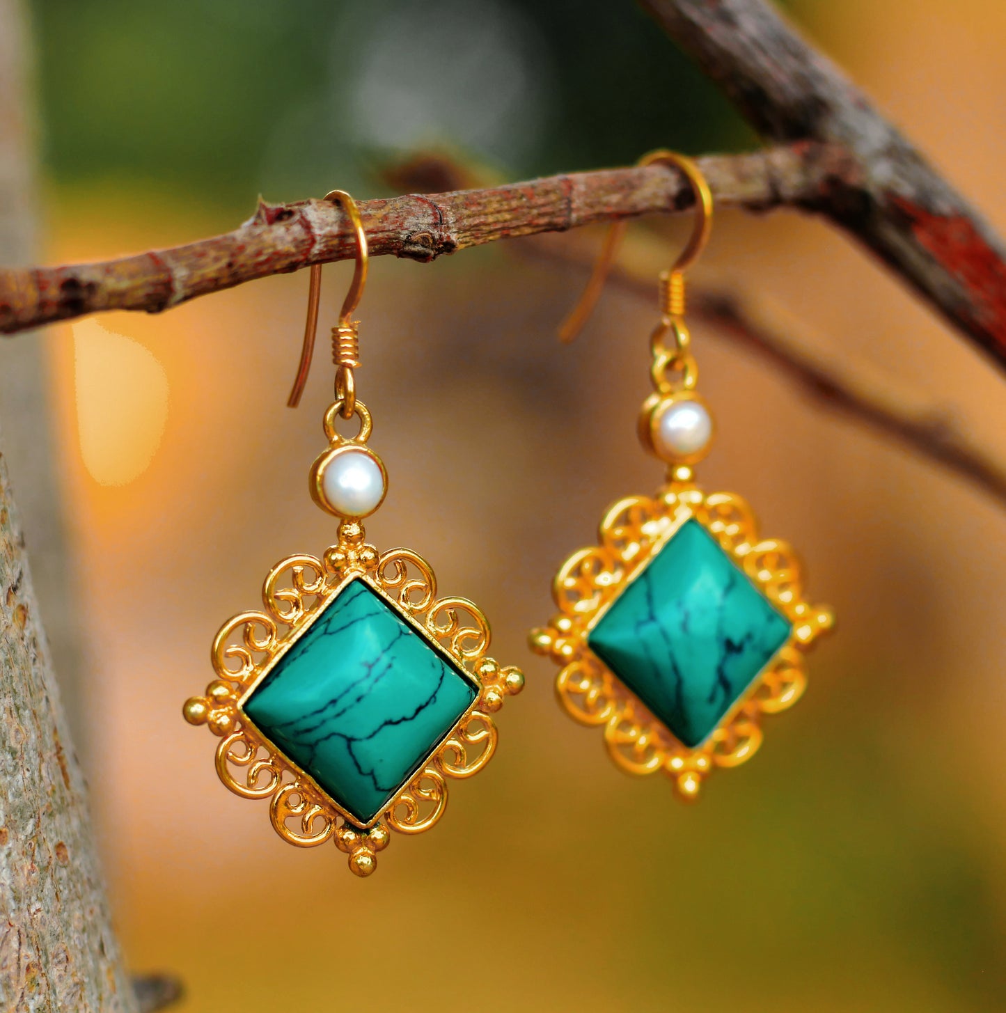 Turquoise Gemstone Gold Plated Silver Hook Earrings