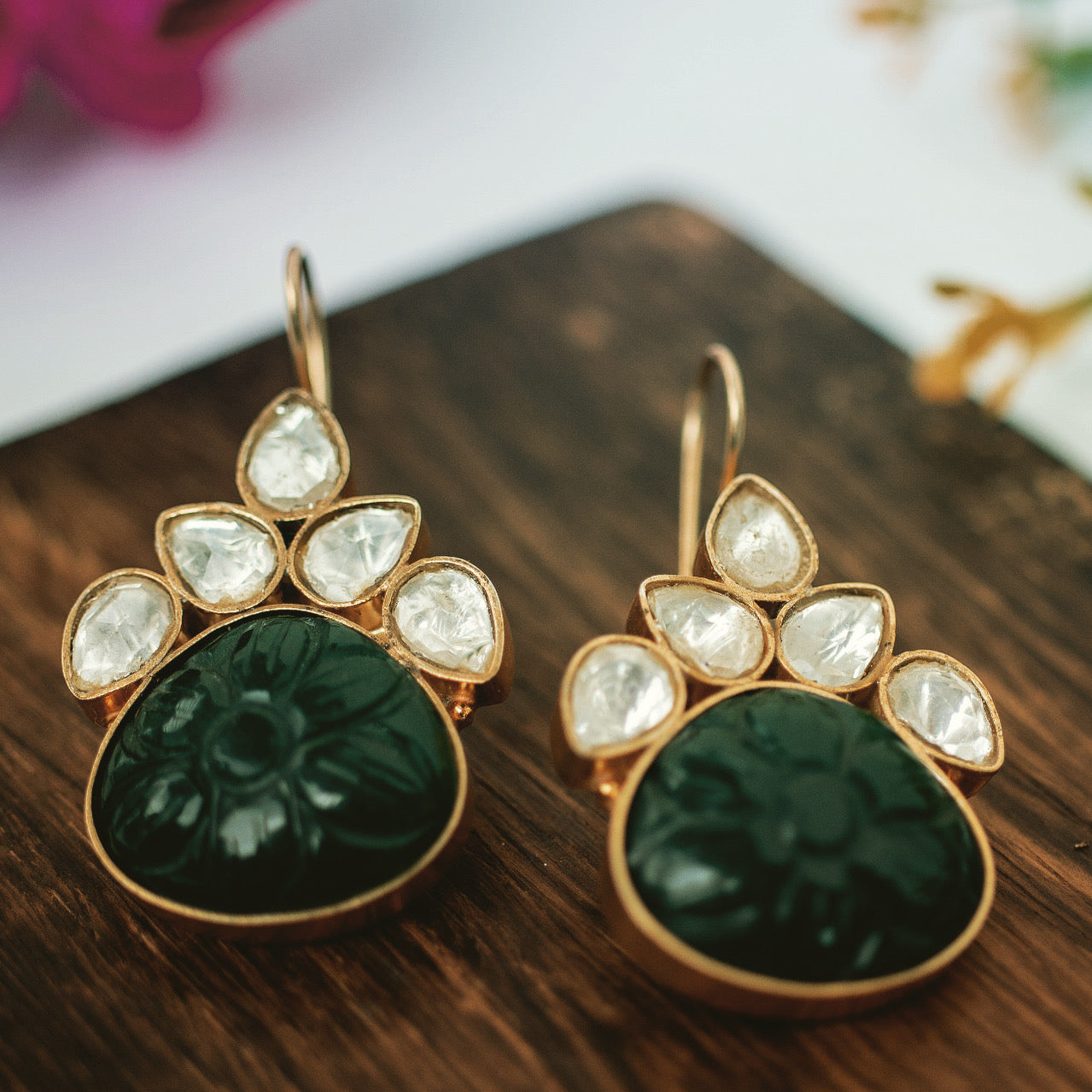 Jadau earrings with green aventurine carved stones