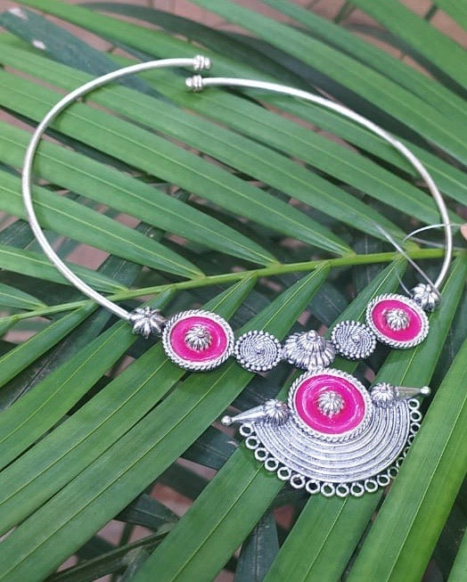 Pink Color Enamel Designer Silver Necklace