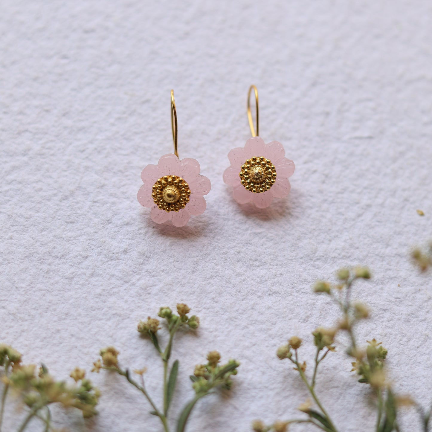 Rose quartz flower earrings